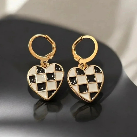 Gold Plated Checkered Acrylic Heart Dangle Clamp Earrings - Picture 1 of 2